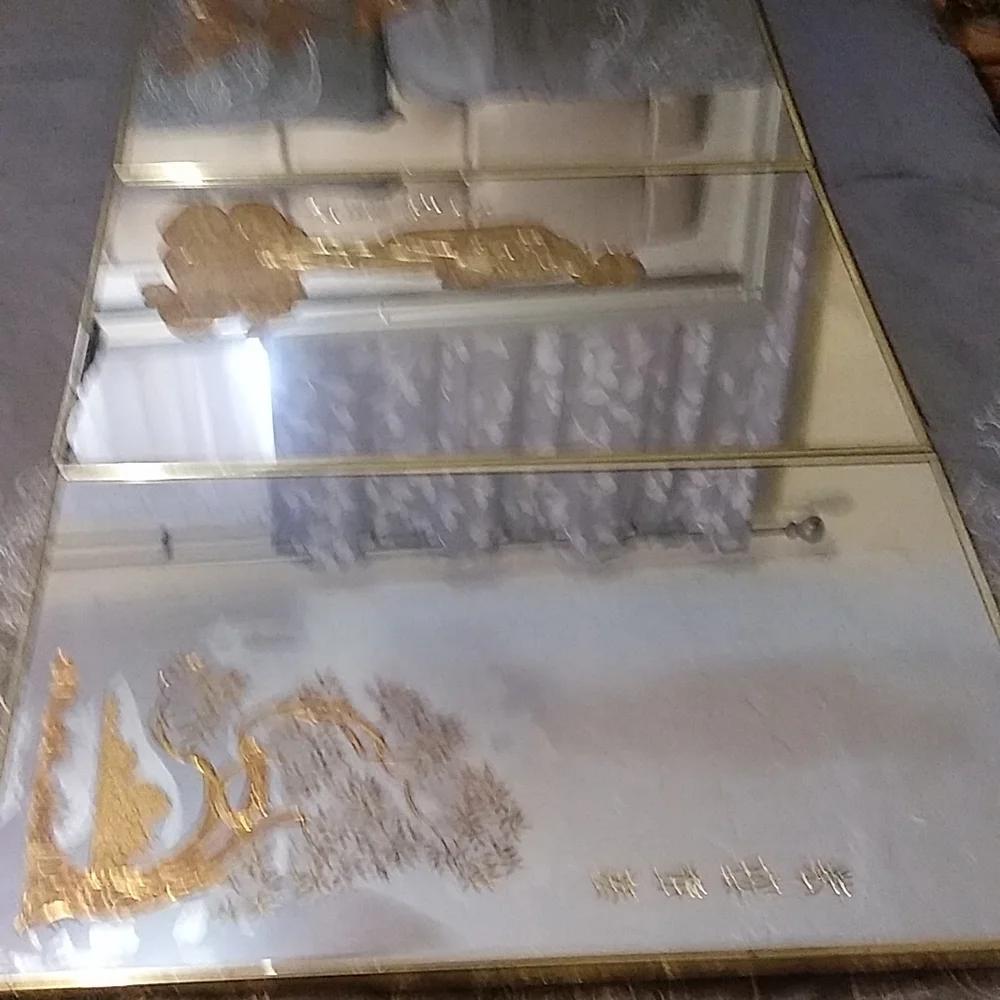 VINTAGE HOLLYWOOD REGENCY ETCHED GOLD JAPANESE MIRRORS 3PC
